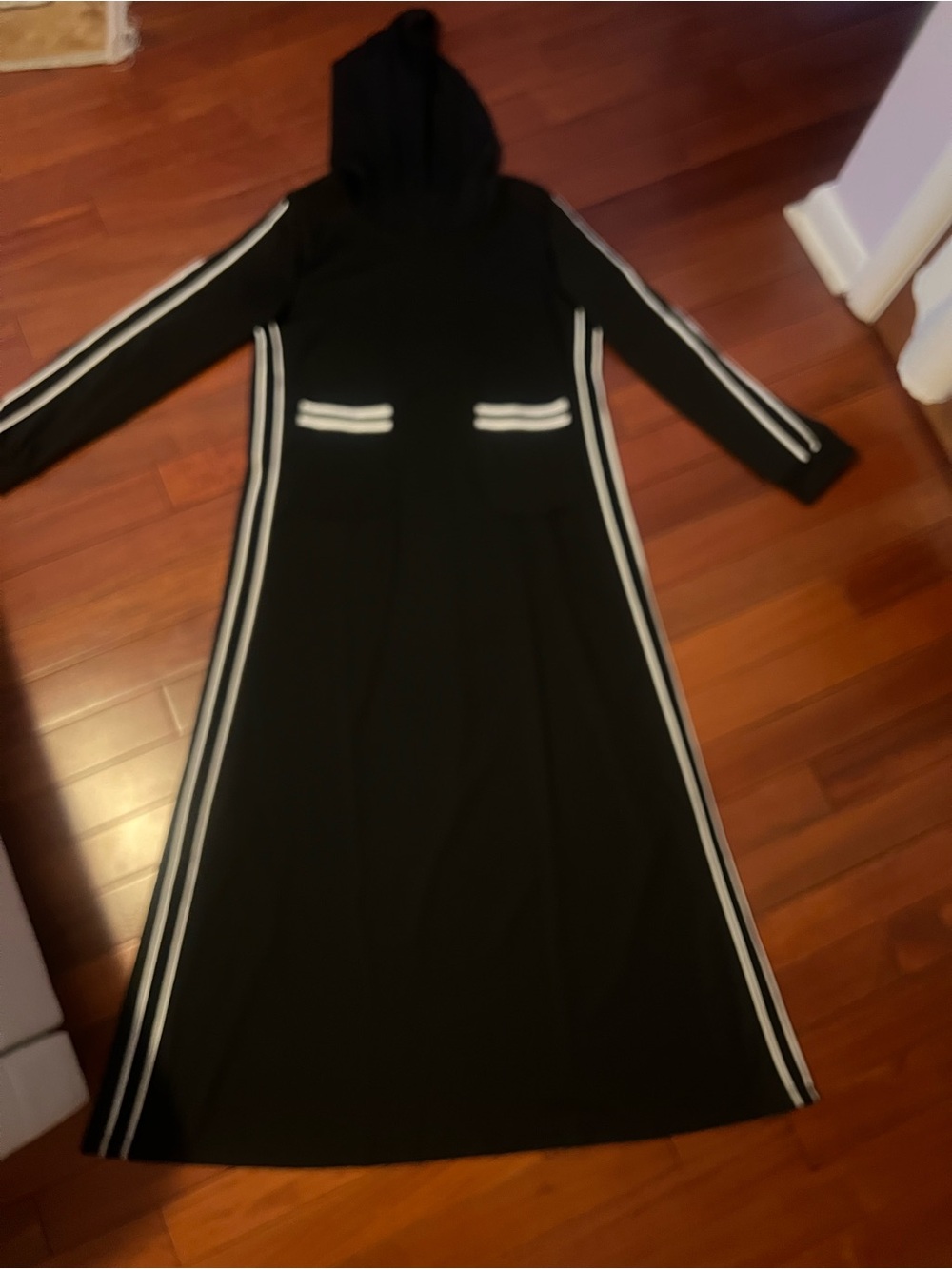 Black Hooded Long Dress with White Stripe Detail